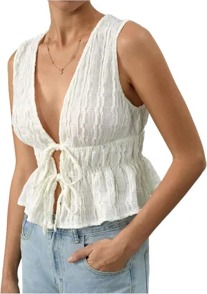 MakeMeChic Women's Tie Front V Neck Tank Top Bow Sleeveless Ruffle Hem Crop Tops