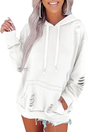 Melliflo Women's Oversized Ripped Sweatshirt Distressed Hooded Pullover Sweatshirts Solid Loose Trendy Hoodies Fall Tops