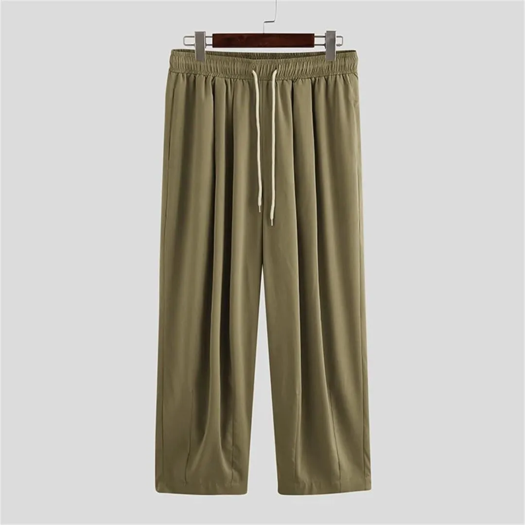 Men Summer Wide Leg Pants Drawstring Joggers Plain High Street Man Trousers Baggy Harem Pants