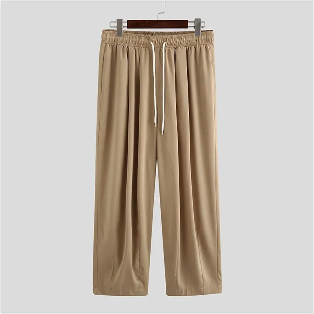 Men Summer Wide Leg Pants Drawstring Joggers Plain High Street Man Trousers Baggy Harem Pants