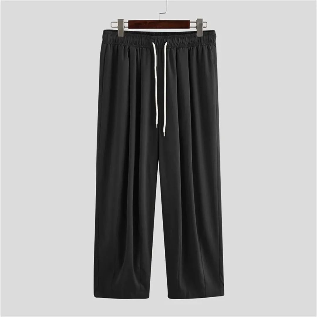 Men Summer Wide Leg Pants Drawstring Joggers Plain High Street Man Trousers Baggy Harem Pants