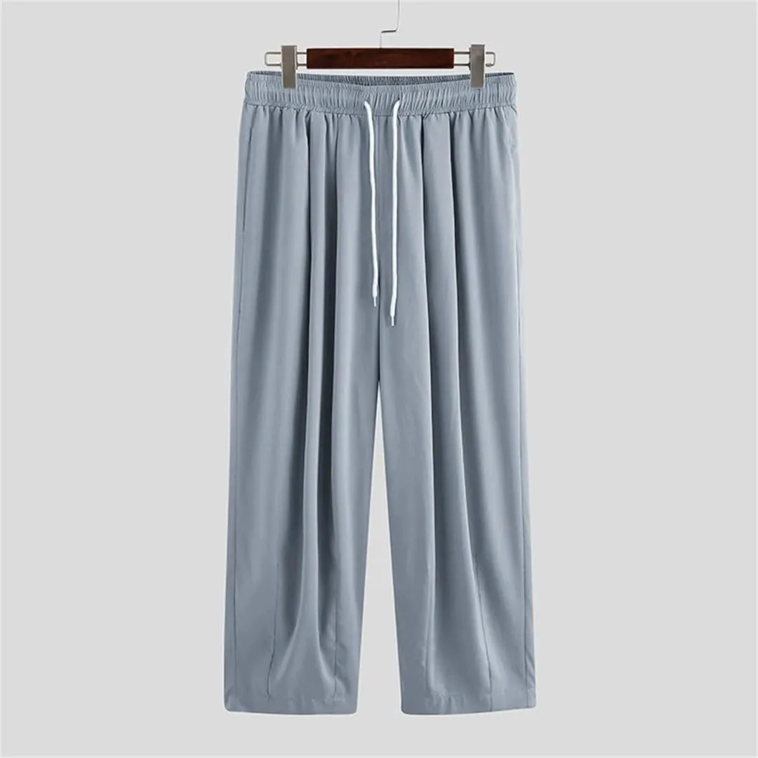 Men Summer Wide Leg Pants Drawstring Joggers Plain High Street Man Trousers Baggy Harem Pants
