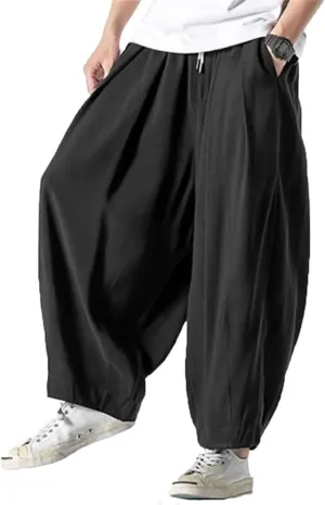 Men Summer Wide Leg Pants Drawstring Joggers Plain High Street Man Trousers Baggy Harem Pants