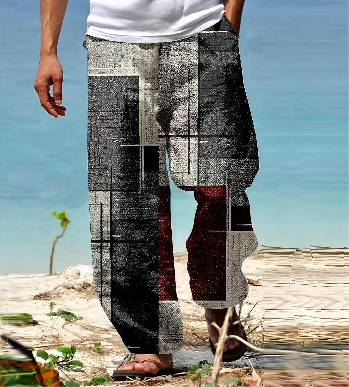 Mens Beach Pants Color Block Vacation Summer Loose Slacks Open Bottom Casual Waist Drawstring Trousers with Pocket