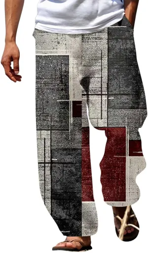 Mens Beach Pants Color Block Vacation Summer Loose Slacks Open Bottom Casual Waist Drawstring Trousers with Pocket