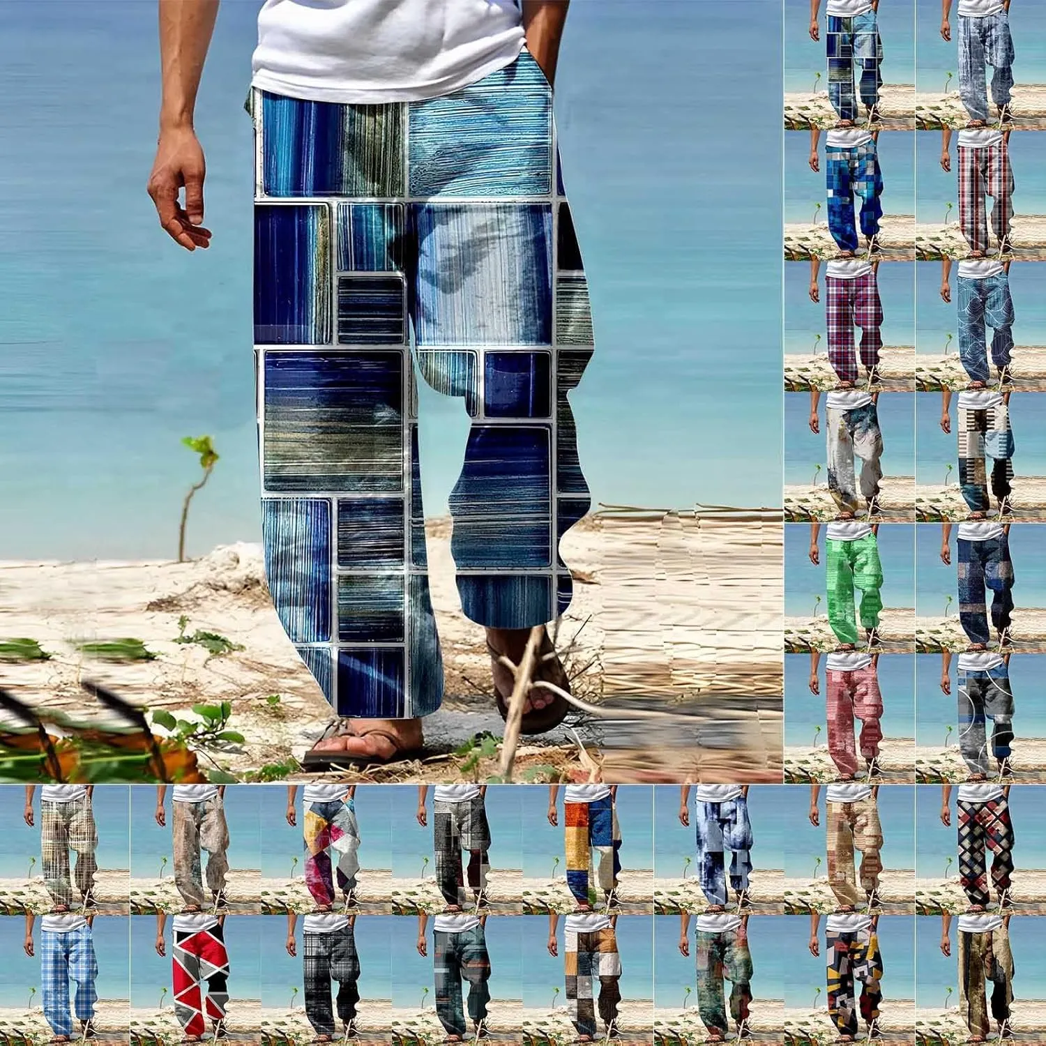 Mens Beach Pants Color Block Vacation Summer Loose Slacks Open Bottom Casual Waist Drawstring Trousers with Pocket