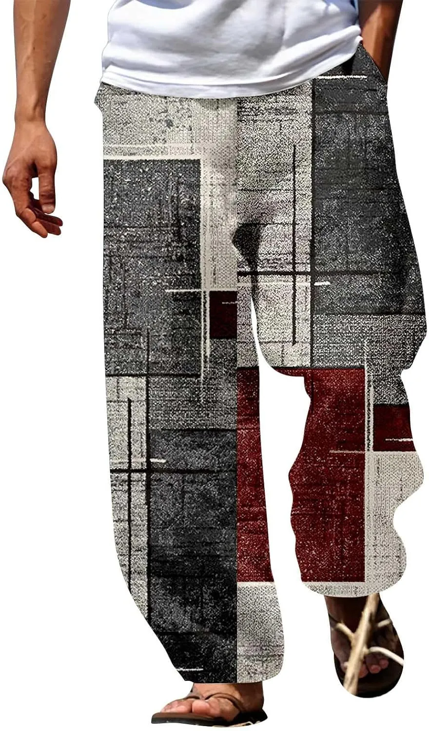 Mens Beach Pants Color Block Vacation Summer Loose Slacks Open Bottom Casual Waist Drawstring Trousers with Pocket