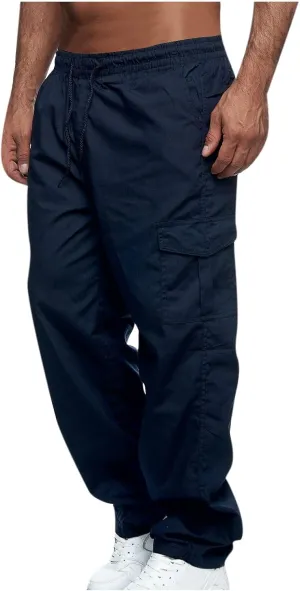 Mens Cargo Pants with Pockets Athletic Drawstring High Waist Workout Gym Pants Casual Slim Fit Straight Leg Trousers