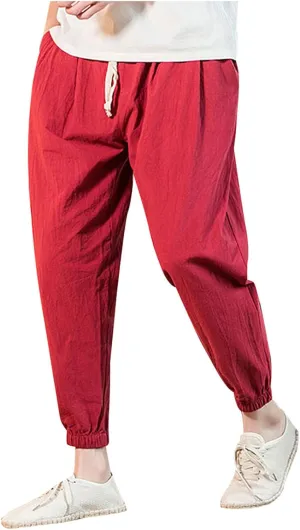 Mens Casual Cotton Linen Pants Big and Tall Elastic Drawstring Waist Pant Loose Comfy Summer Beach Pants Cinch Bottom