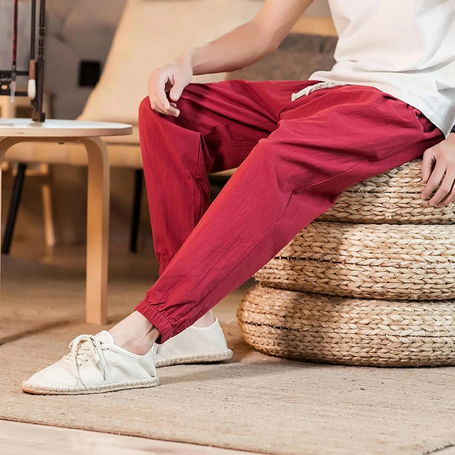 Mens Casual Cotton Linen Pants Big and Tall Elastic Drawstring Waist Pant Loose Comfy Summer Beach Pants Cinch Bottom