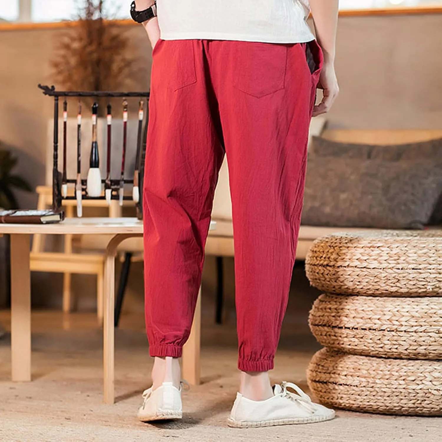 Mens Casual Cotton Linen Pants Big and Tall Elastic Drawstring Waist Pant Loose Comfy Summer Beach Pants Cinch Bottom