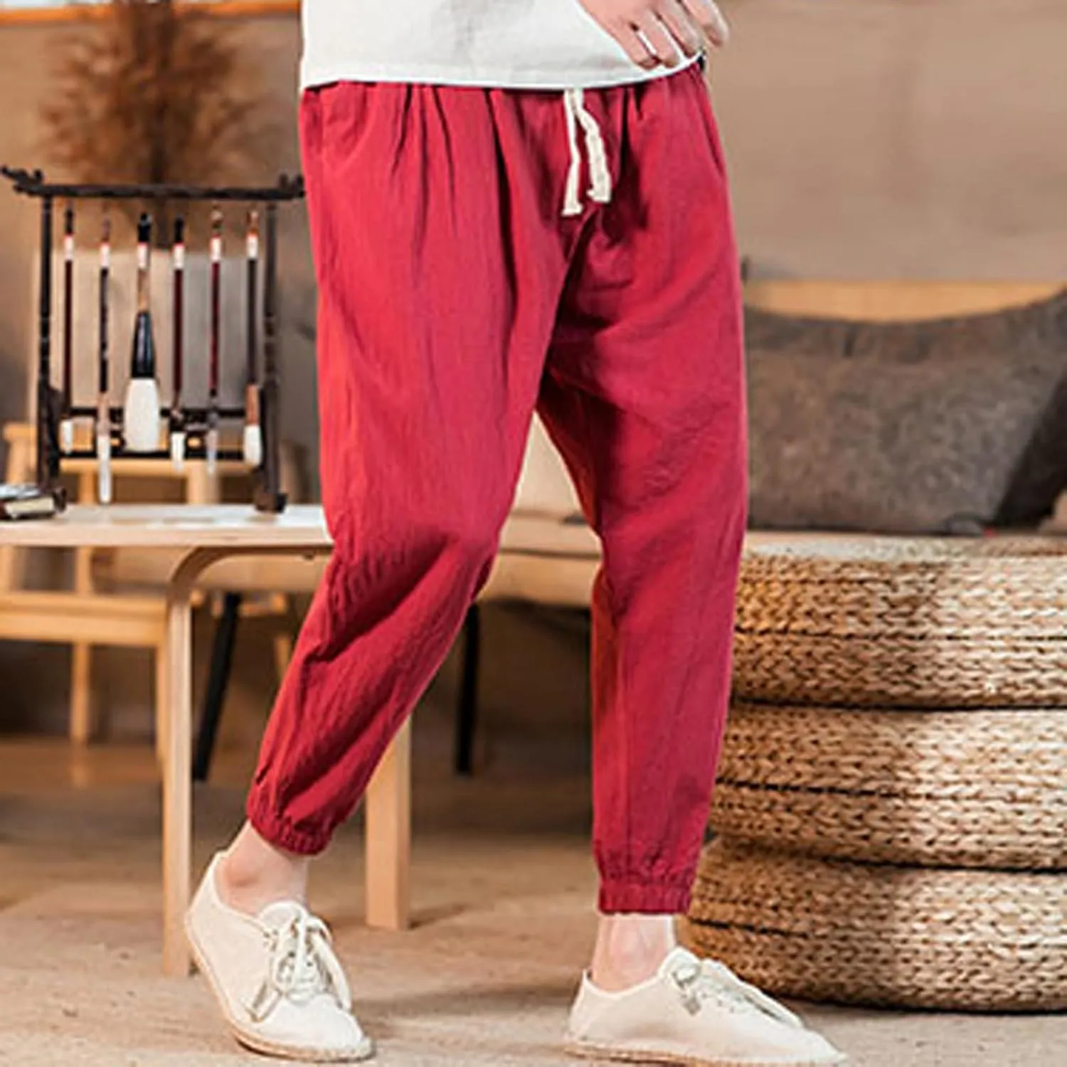 Mens Casual Cotton Linen Pants Big and Tall Elastic Drawstring Waist Pant Loose Comfy Summer Beach Pants Cinch Bottom