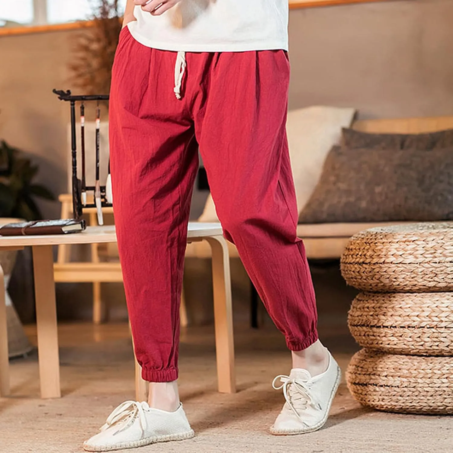 Mens Casual Cotton Linen Pants Big and Tall Elastic Drawstring Waist Pant Loose Comfy Summer Beach Pants Cinch Bottom