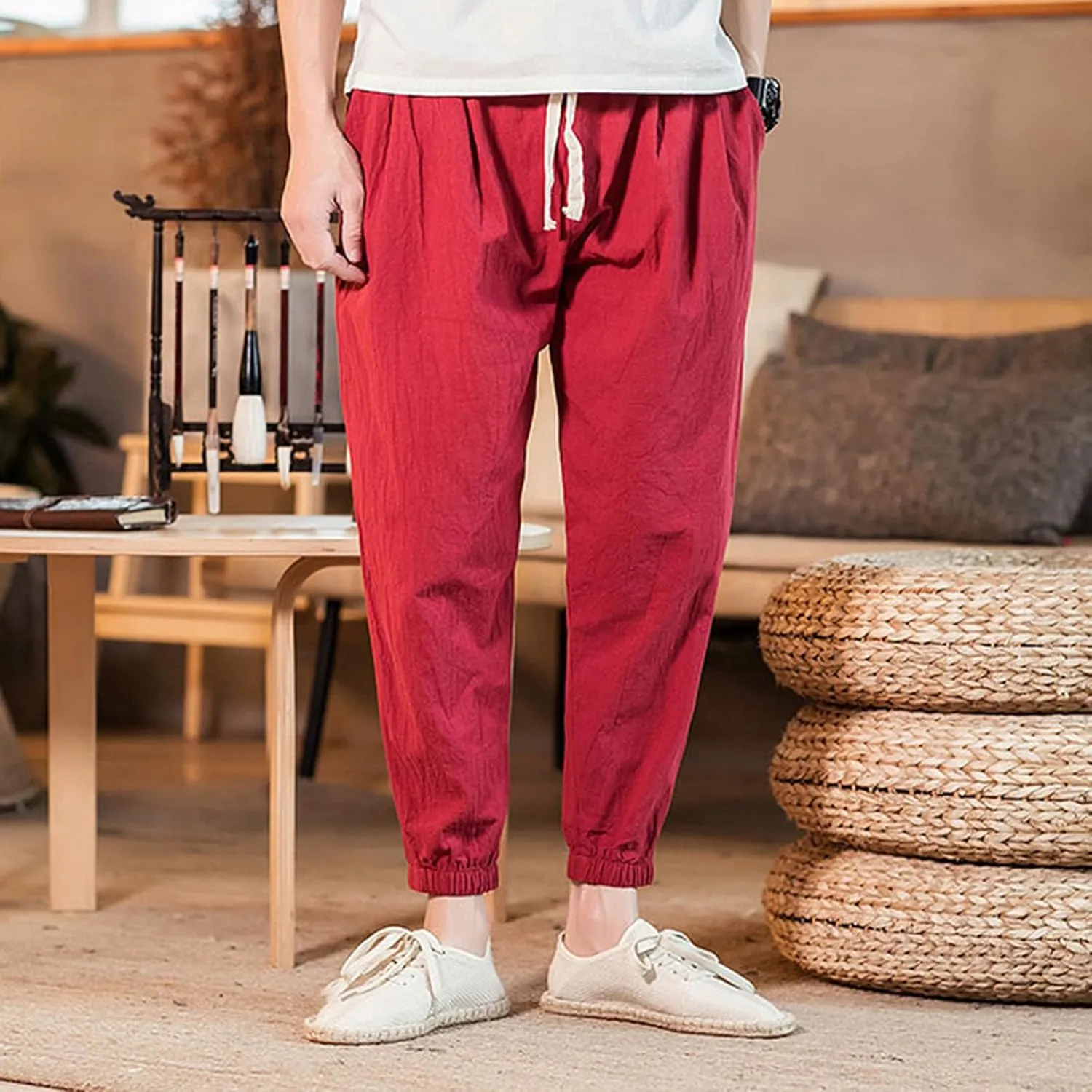Mens Casual Cotton Linen Pants Big and Tall Elastic Drawstring Waist Pant Loose Comfy Summer Beach Pants Cinch Bottom