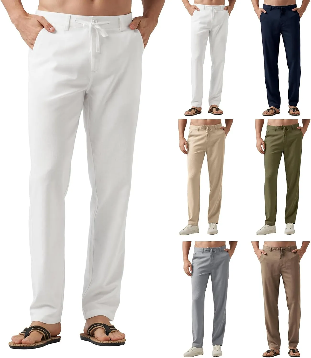 Men's Casual Linen Pants Summer Beach Yoga Pant Elastic Waist Drawstring Pants Lightweight Linen Loose Fit Trousers