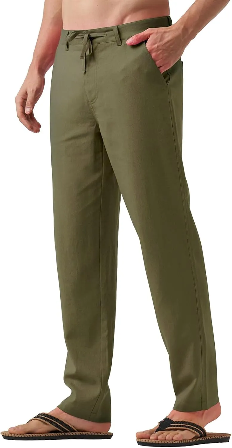 Men's Casual Linen Pants Summer Beach Yoga Pant Elastic Waist Drawstring Pants Lightweight Linen Loose Fit Trousers