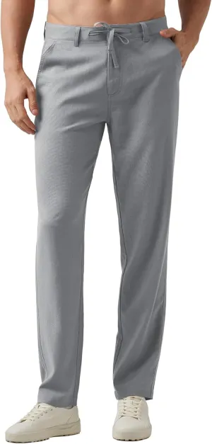 Men's Casual Linen Pants Summer Beach Yoga Pant Elastic Waist Drawstring Pants Lightweight Linen Loose Fit Trousers