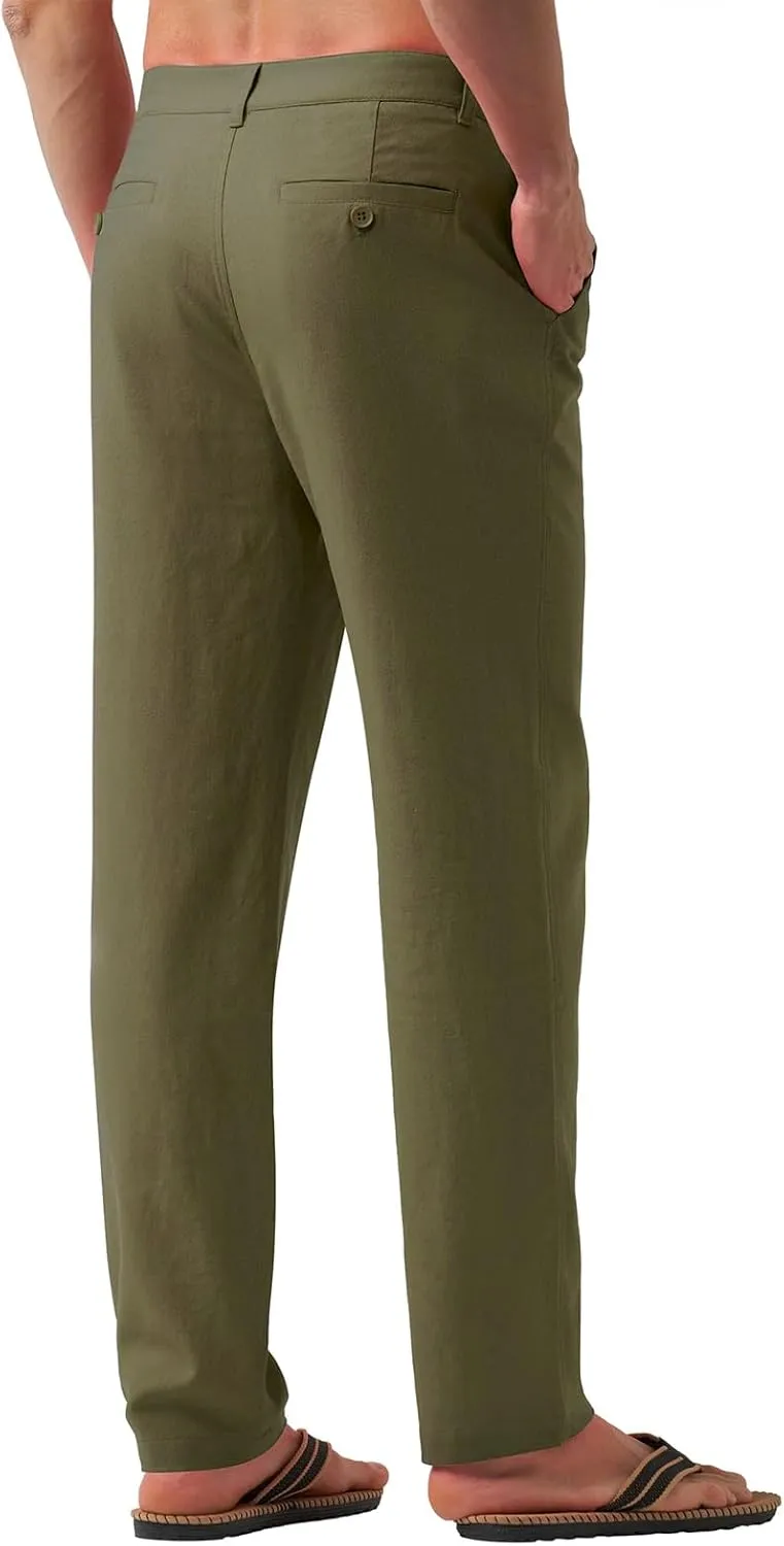 Men's Casual Linen Pants Summer Beach Yoga Pant Elastic Waist Drawstring Pants Lightweight Linen Loose Fit Trousers