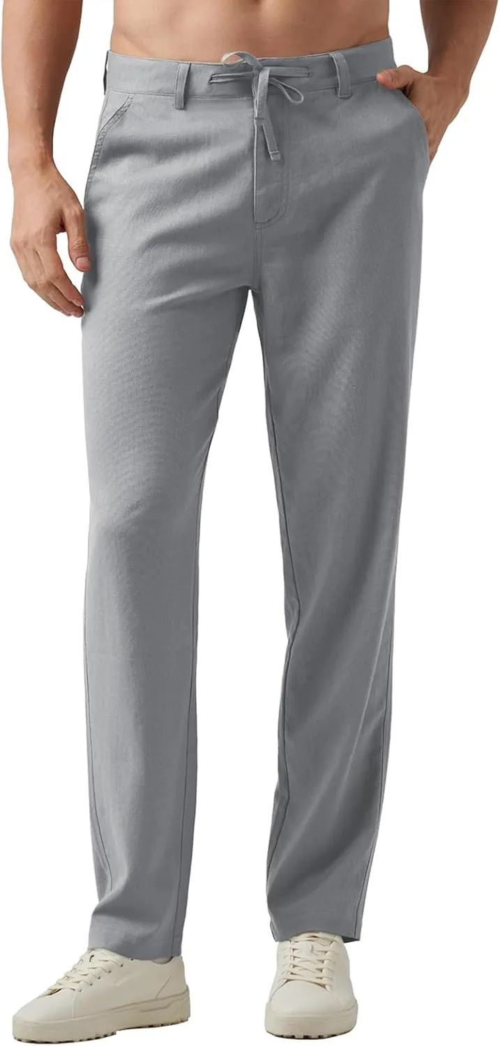 Men's Casual Linen Pants Summer Beach Yoga Pant Elastic Waist Drawstring Pants Lightweight Linen Loose Fit Trousers