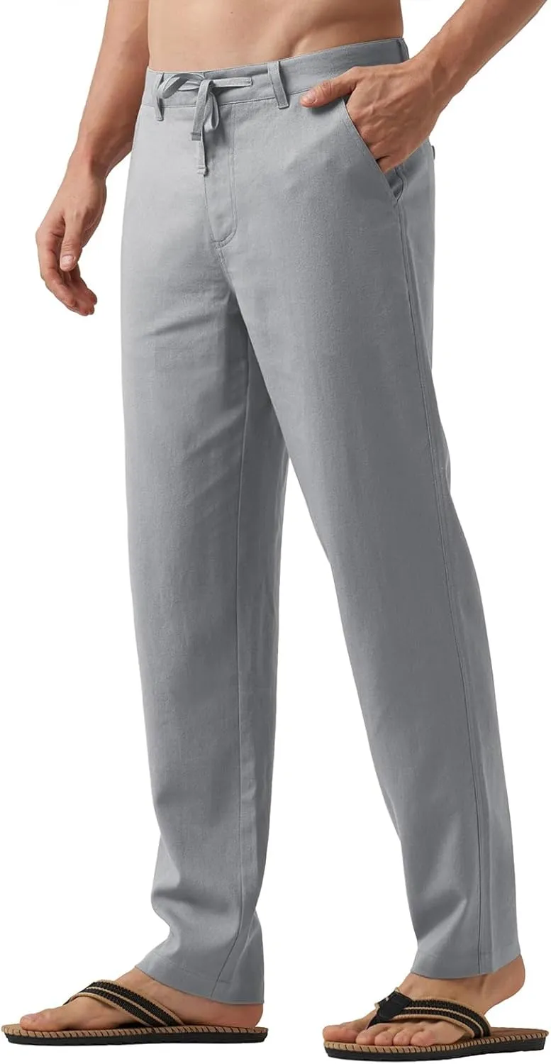 Men's Casual Linen Pants Summer Beach Yoga Pant Elastic Waist Drawstring Pants Lightweight Linen Loose Fit Trousers