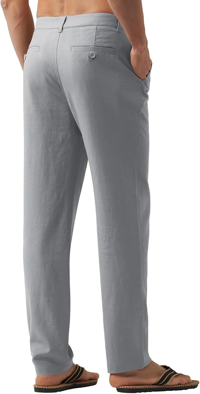 Men's Casual Linen Pants Summer Beach Yoga Pant Elastic Waist Drawstring Pants Lightweight Linen Loose Fit Trousers