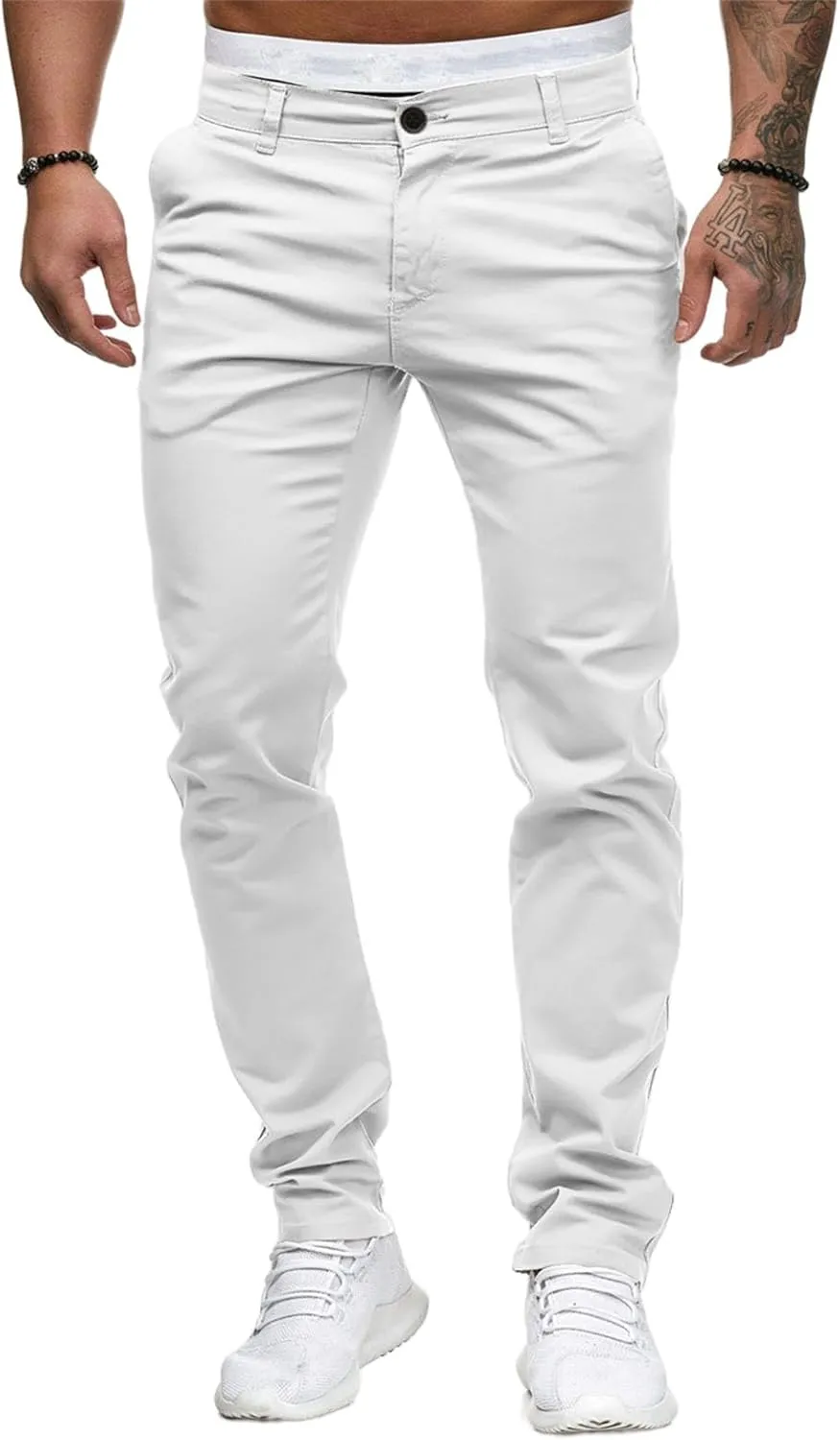 Men's Chino Pants Solid Stretch Skinny Cargo Pants Straight Leg Casual Trouser Slim Fit Tapered Trousers with Pockets