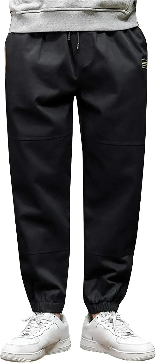 Mens Lightweight Pants Casual Drawstring Elastic Waist Cotton Cargo Pants Loose Solid Beam Feet Sport Sweatpants
