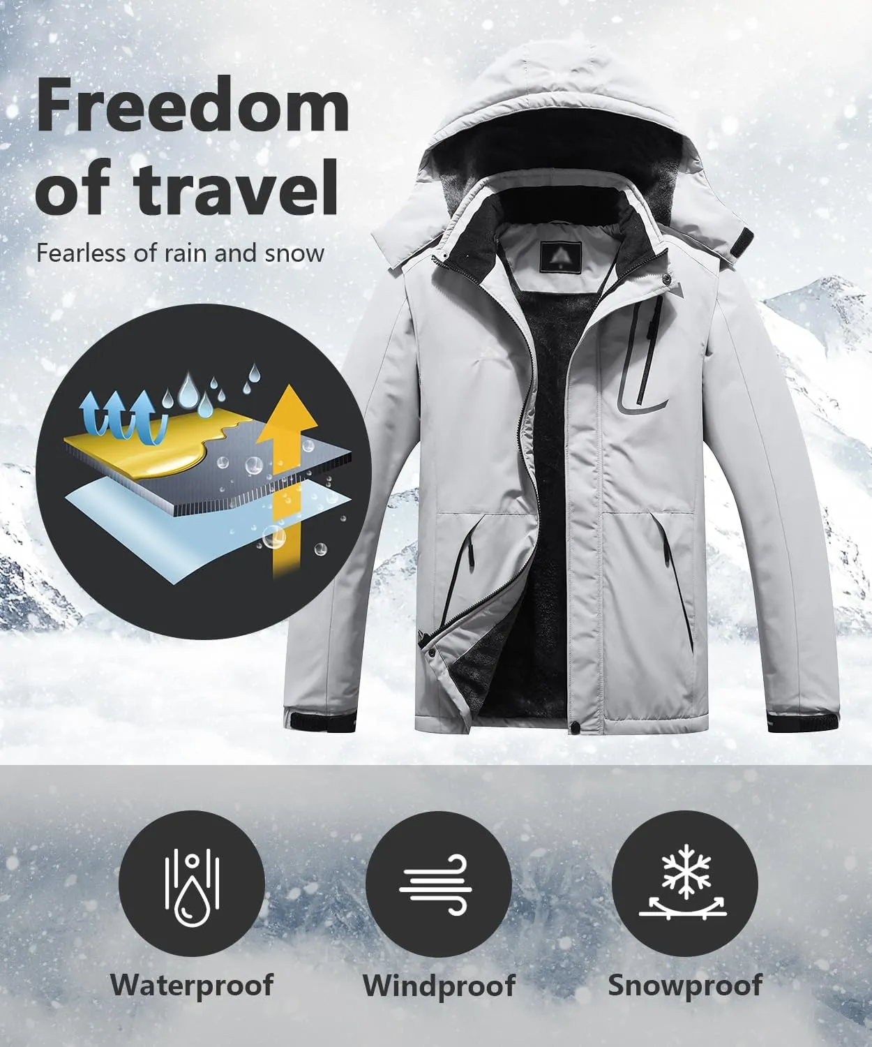 Men's Mountain Winter Coat Warm Fleece Ski Snow Jacket Waterproof Raincoat with Hood