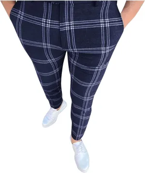 Mens Plaid Pants Skinny Dress Pants Stretch Slim Fit Business Casual Dress Chinos Pants for Men