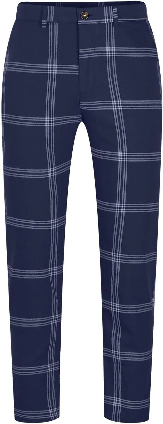 Mens Plaid Pants Skinny Dress Pants Stretch Slim Fit Business Casual Dress Chinos Pants for Men