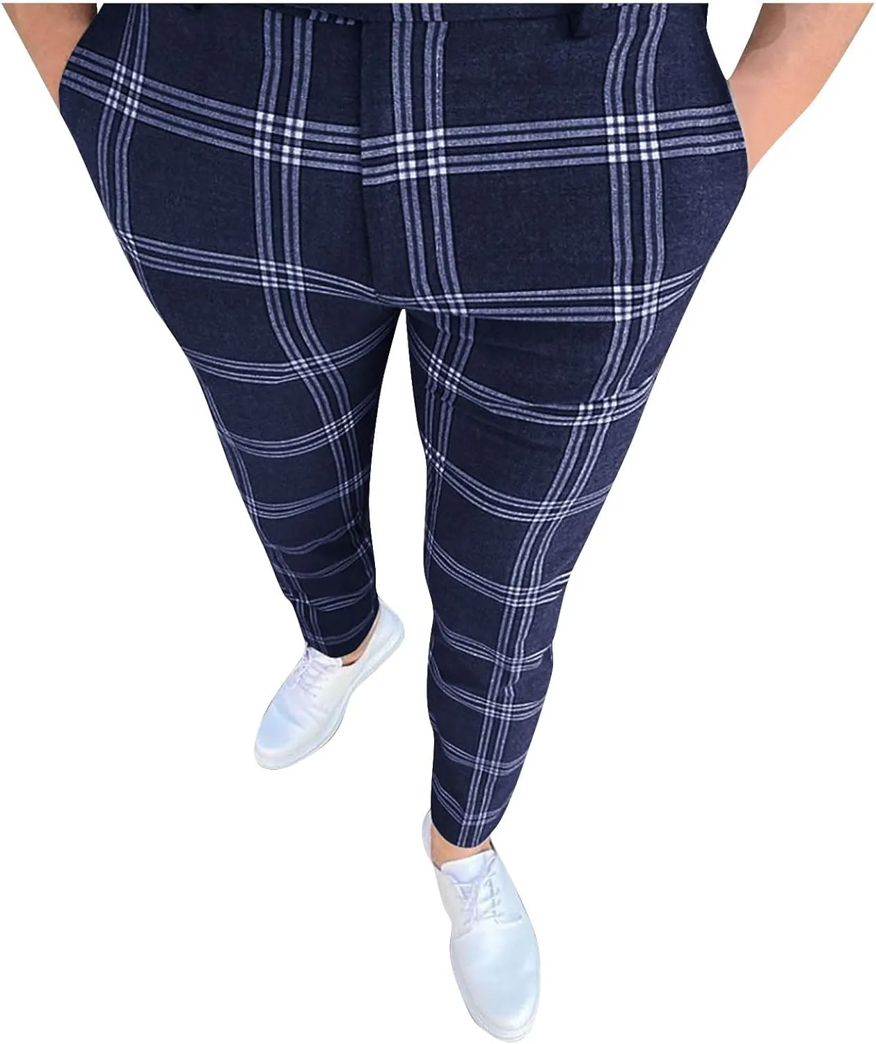 Mens Plaid Pants Skinny Dress Pants Stretch Slim Fit Business Casual Dress Chinos Pants for Men