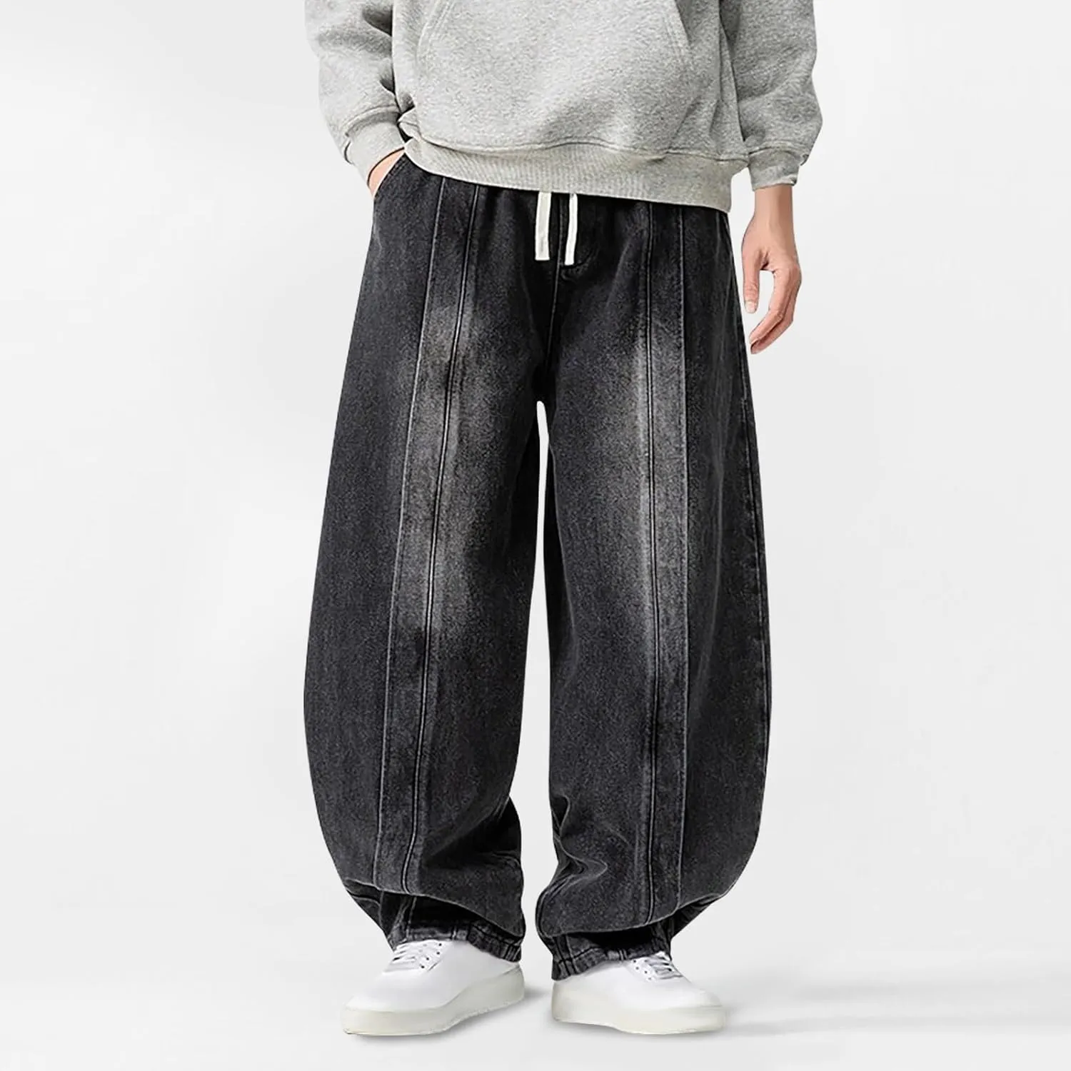 Men's Vintage Harem Denim Pants 2025 Casual Loose Trendy Plus Size Pants Drawstring Wide Leg Jean Pants with Pockets