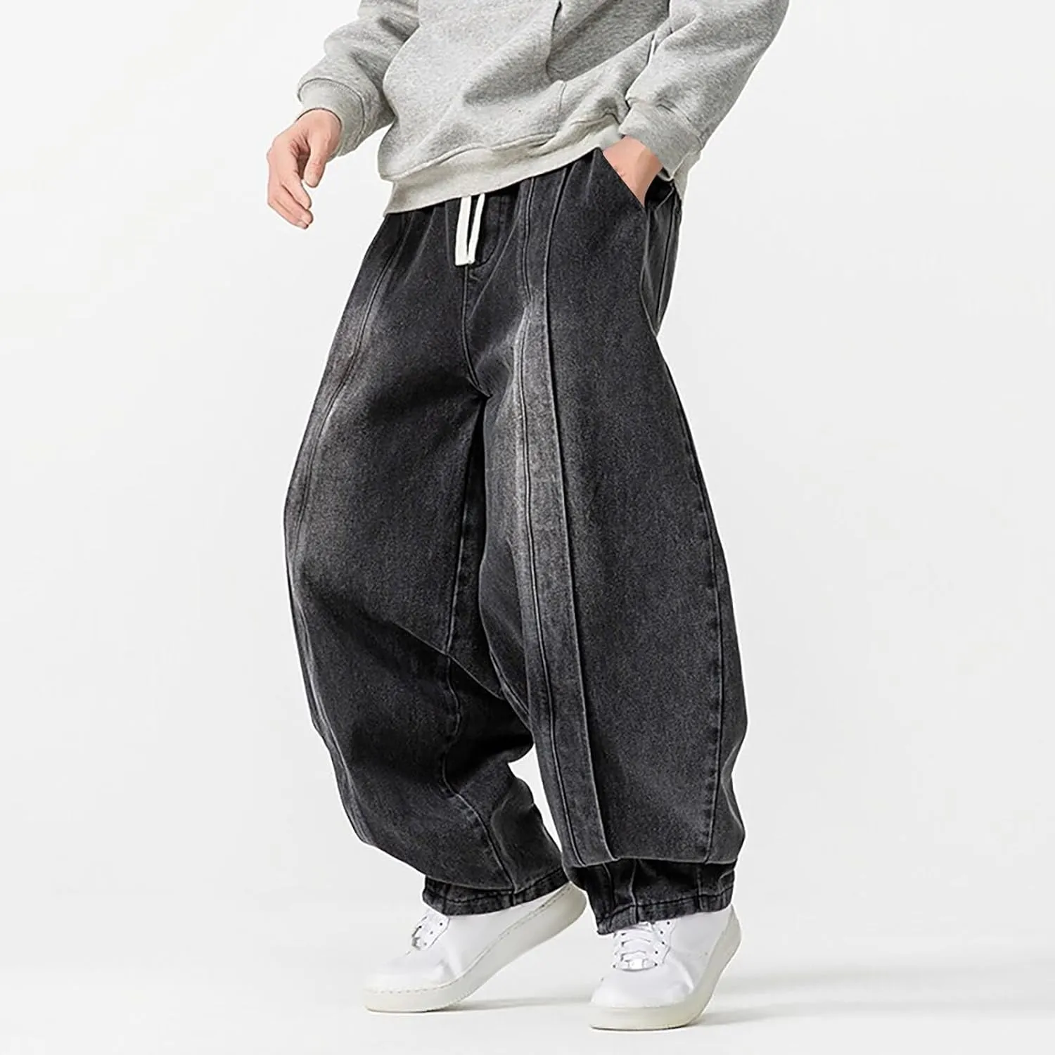Men's Vintage Harem Denim Pants 2025 Casual Loose Trendy Plus Size Pants Drawstring Wide Leg Jean Pants with Pockets