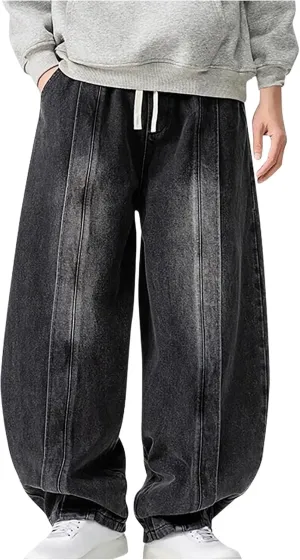 Men's Vintage Harem Denim Pants 2025 Casual Loose Trendy Plus Size Pants Drawstring Wide Leg Jean Pants with Pockets