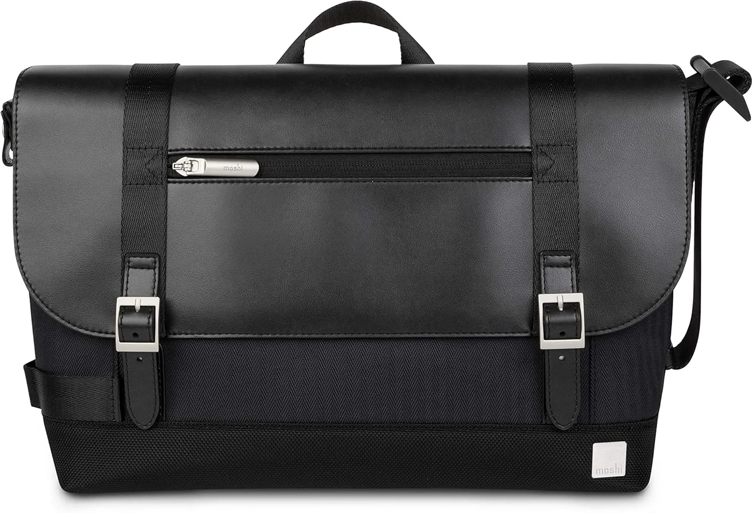 Moshi Carta Messenger Bag for 13" Laptop, Ultra-Lightweight & Durable, Polyester, Nylon, and Vegan Leather, Weather-Resistant, RFID Shield Pocket, Herringbone Black