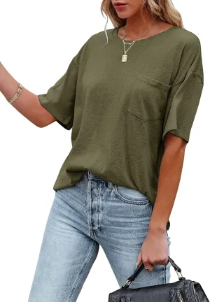 Muchpow Women's Crewneck Summer T Shirt Short Sleeve Casual Loose Tops with Pocket