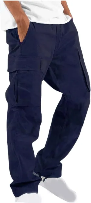 Muscularfit Cargo Pants for Men Big and Tall Elastic Waist Cotton Sweatpants Causal Solid Multi Pockets Joggers Athletic Pant