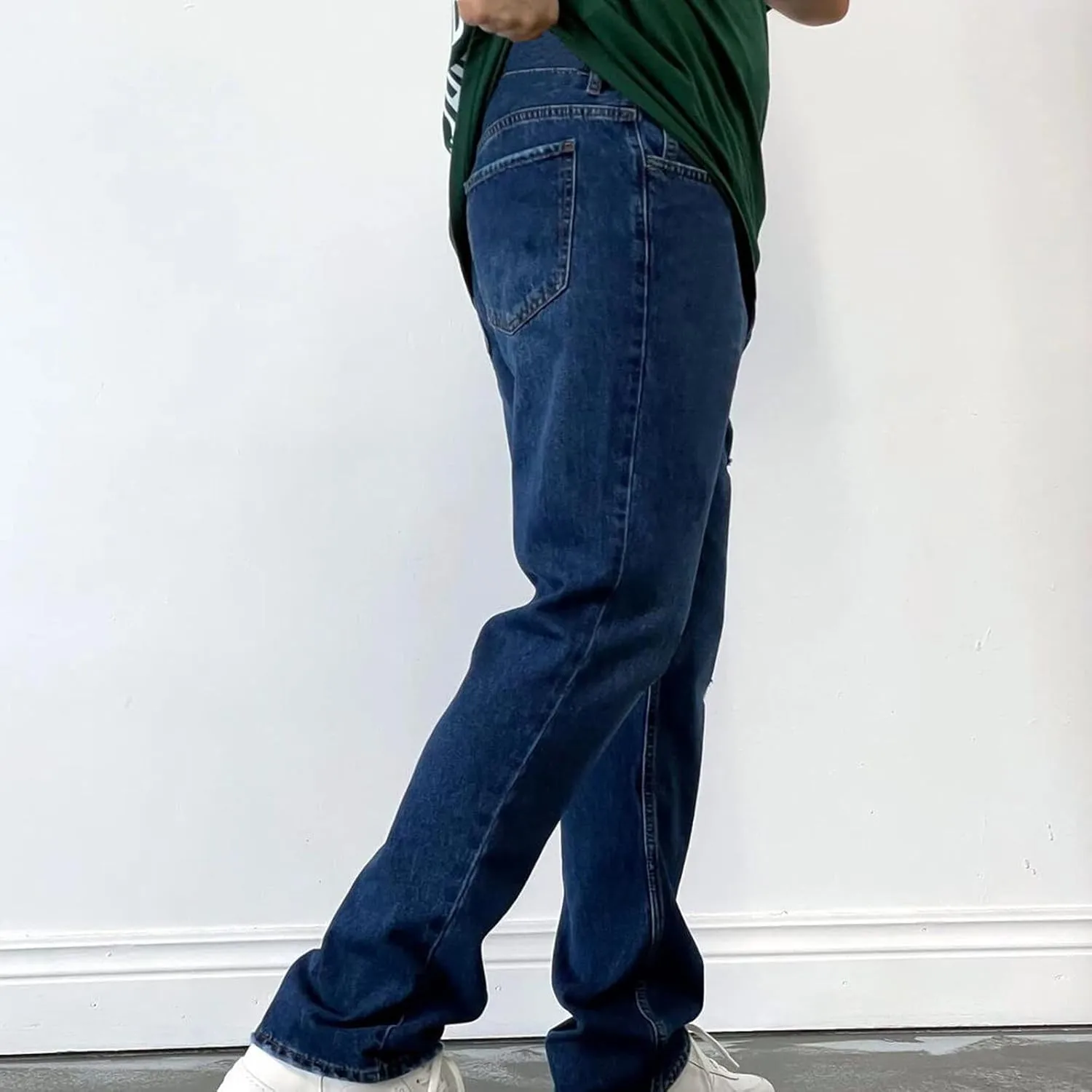 Muscularfit Cotton Pants for Men Fashion Buckle Zipper Flat Front Solid Jean Pants Casual Loose Straight Ripped Hole Trousers