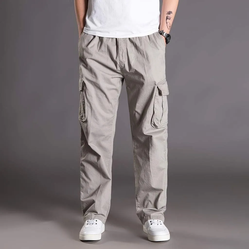 Muscularfit Men's Athletic Pants Casual Elastic Waist Linen Pants Regular Big and Tall Multi Pockets Solid Cargo Pants 2023