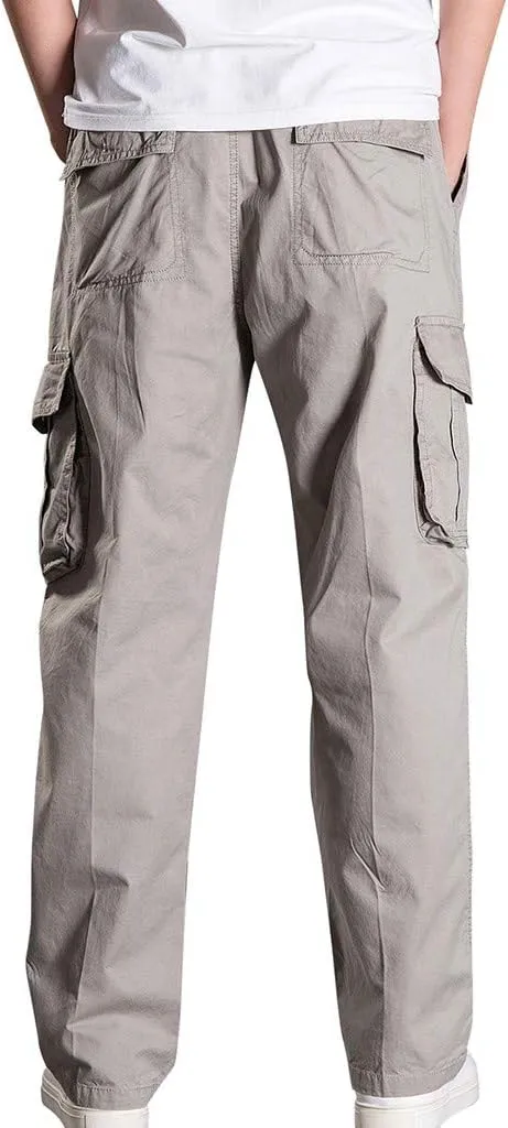 Muscularfit Men's Athletic Pants Casual Elastic Waist Linen Pants Regular Big and Tall Multi Pockets Solid Cargo Pants 2023