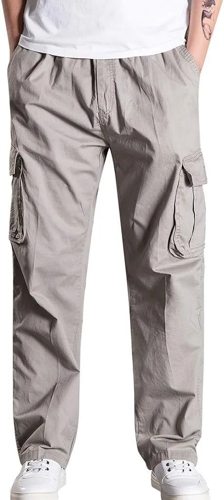 Muscularfit Men's Athletic Pants Casual Elastic Waist Linen Pants Regular Big and Tall Multi Pockets Solid Cargo Pants 2023
