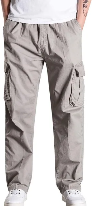 Muscularfit Men's Athletic Pants Casual Elastic Waist Linen Pants Regular Big and Tall Multi Pockets Solid Cargo Pants 2023