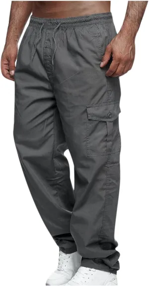 Muscularfit Mens Pants Drawstring Elastic Waist Quick Dry Solid Sport Cargo Pants Casual Loose Multi Pockets Sweatpants