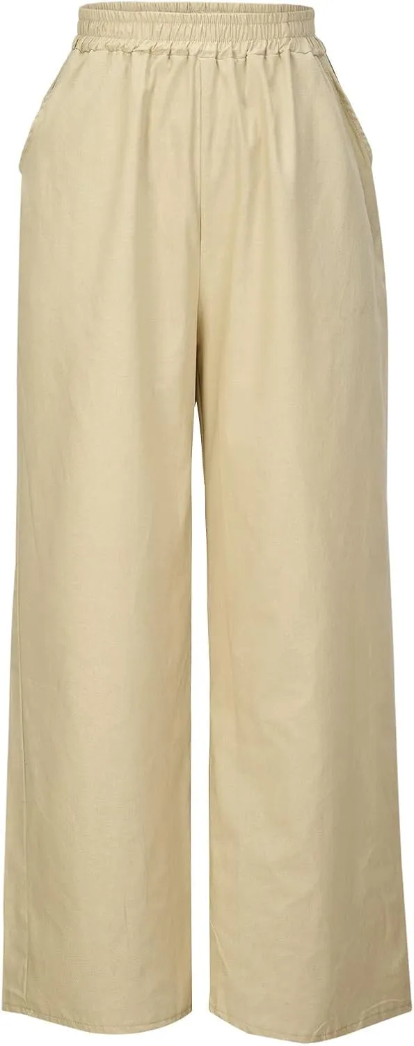 NATHGAM Wide Leg Trousers for Women Loose Fit Cotton Linen Elastic Waist Pants Summer Flowy Long Palazzo Pants with Pockets