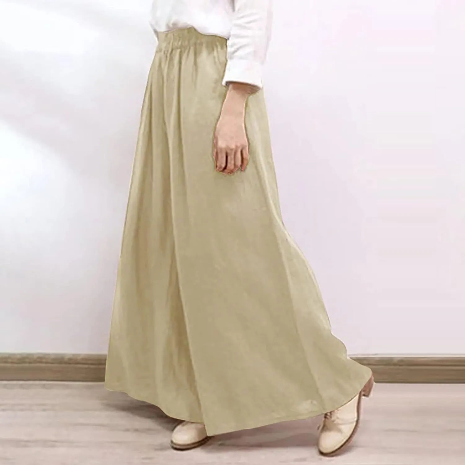 NATHGAM Wide Leg Trousers for Women Loose Fit Cotton Linen Elastic Waist Pants Summer Flowy Long Palazzo Pants with Pockets