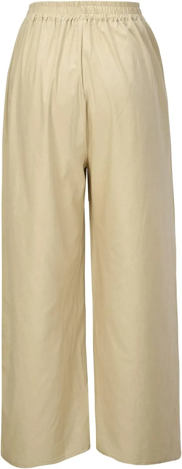 NATHGAM Wide Leg Trousers for Women Loose Fit Cotton Linen Elastic Waist Pants Summer Flowy Long Palazzo Pants with Pockets