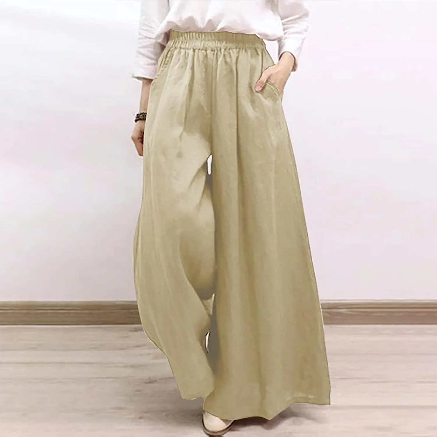 NATHGAM Wide Leg Trousers for Women Loose Fit Cotton Linen Elastic Waist Pants Summer Flowy Long Palazzo Pants with Pockets