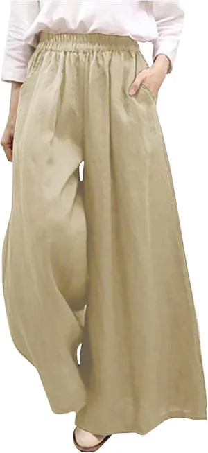 NATHGAM Wide Leg Trousers for Women Loose Fit Cotton Linen Elastic Waist Pants Summer Flowy Long Palazzo Pants with Pockets