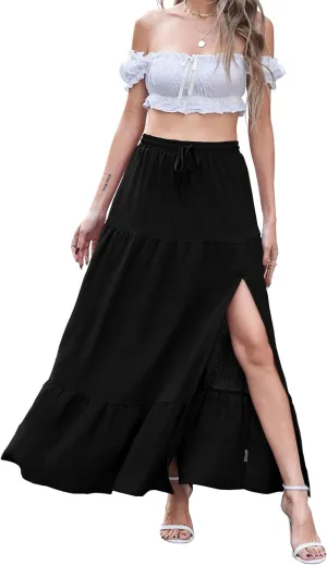 Newchoice Women's Flowy Maxi Skirt with Slit Elastic High Waisted Casual Summer Long Skirts