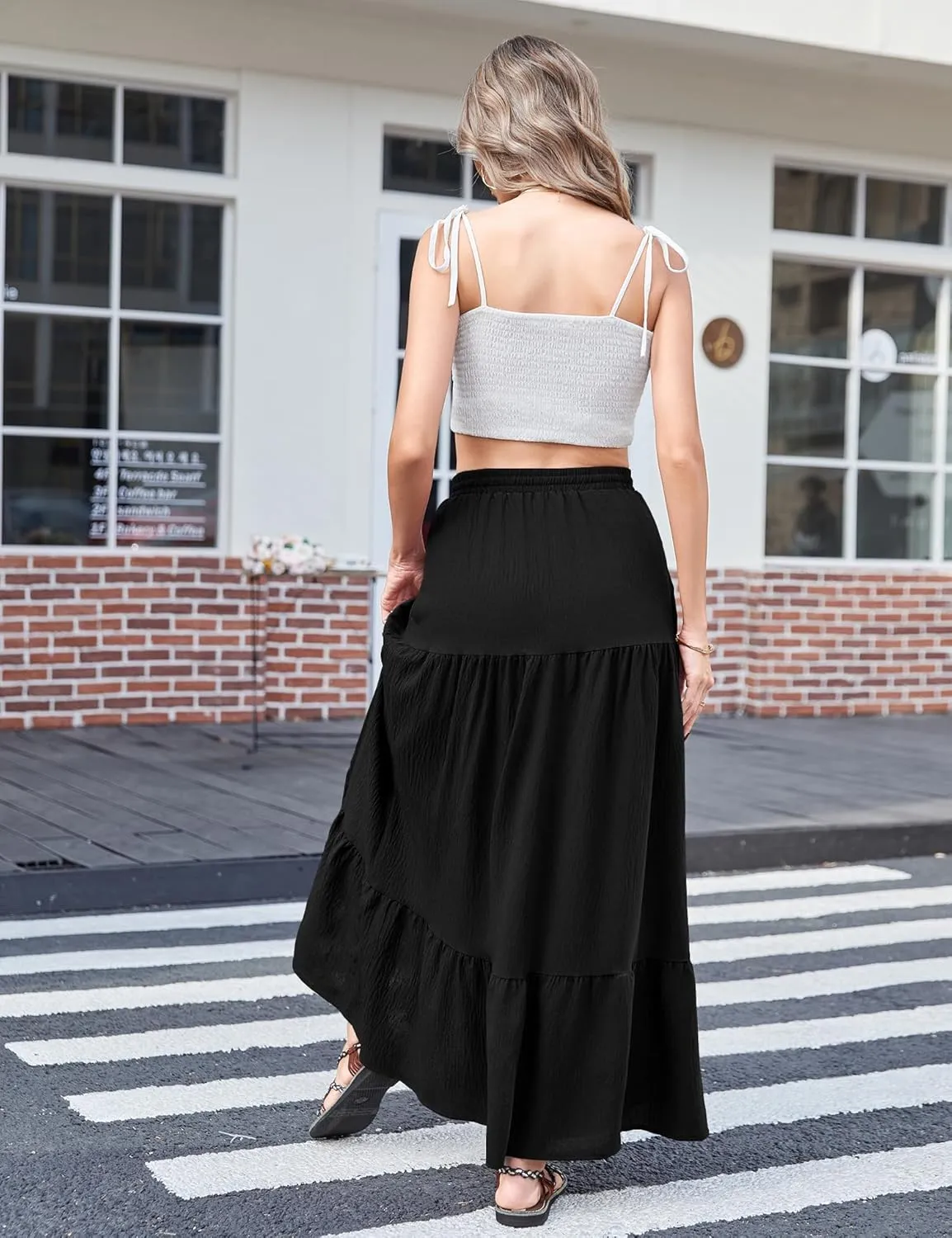 Newchoice Women's Flowy Maxi Skirt with Slit Elastic High Waisted Casual Summer Long Skirts